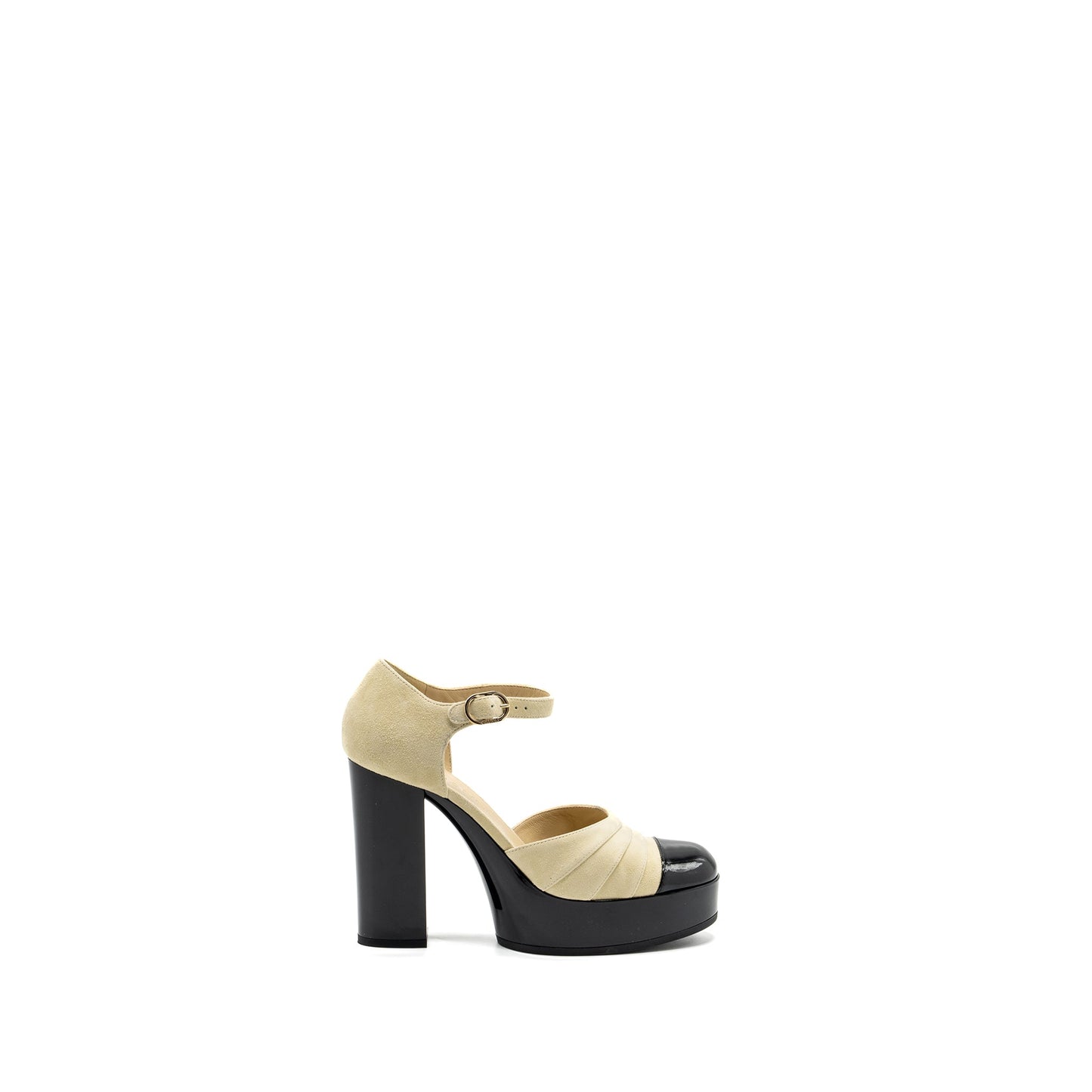 Chanel Size 38 open High Platform Shoe suede / Paten / Calfskin Ivroy  / Black GHW