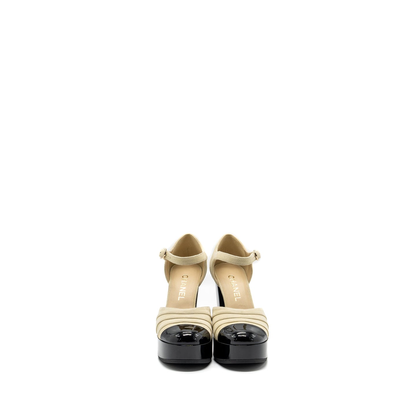 Chanel Size 38 open High Platform Shoe suede / Paten / Calfskin Ivroy  / Black GHW