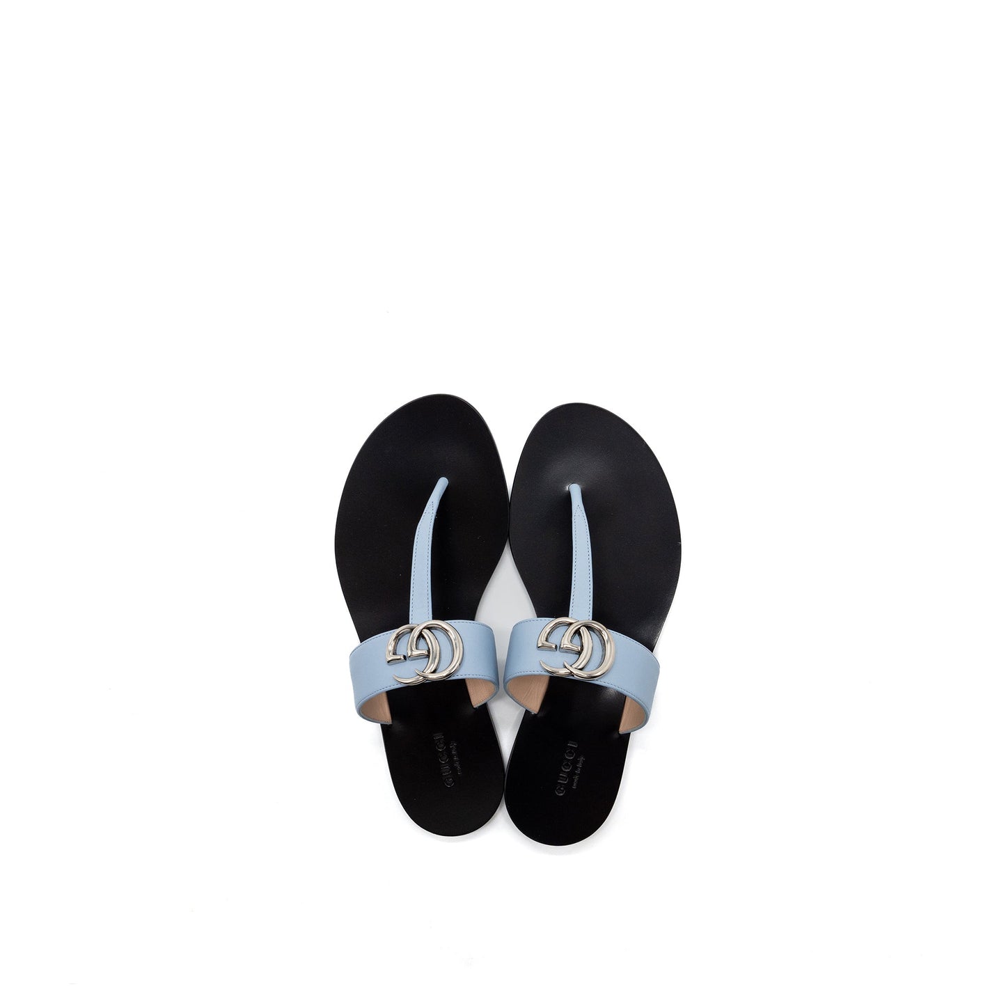 Gucci Size 37 Leather Thong Sandal With Double G Leather Light Blue