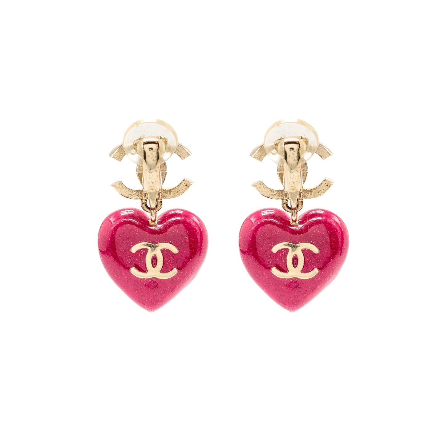 Chanel double face Pink Crystal heart dropped cc logo ear clips light gold tone