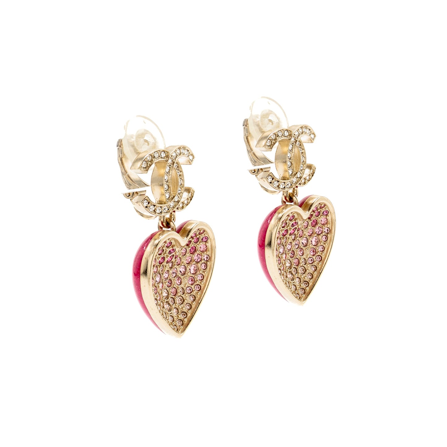 Chanel double face Pink Crystal heart dropped cc logo ear clips light gold tone
