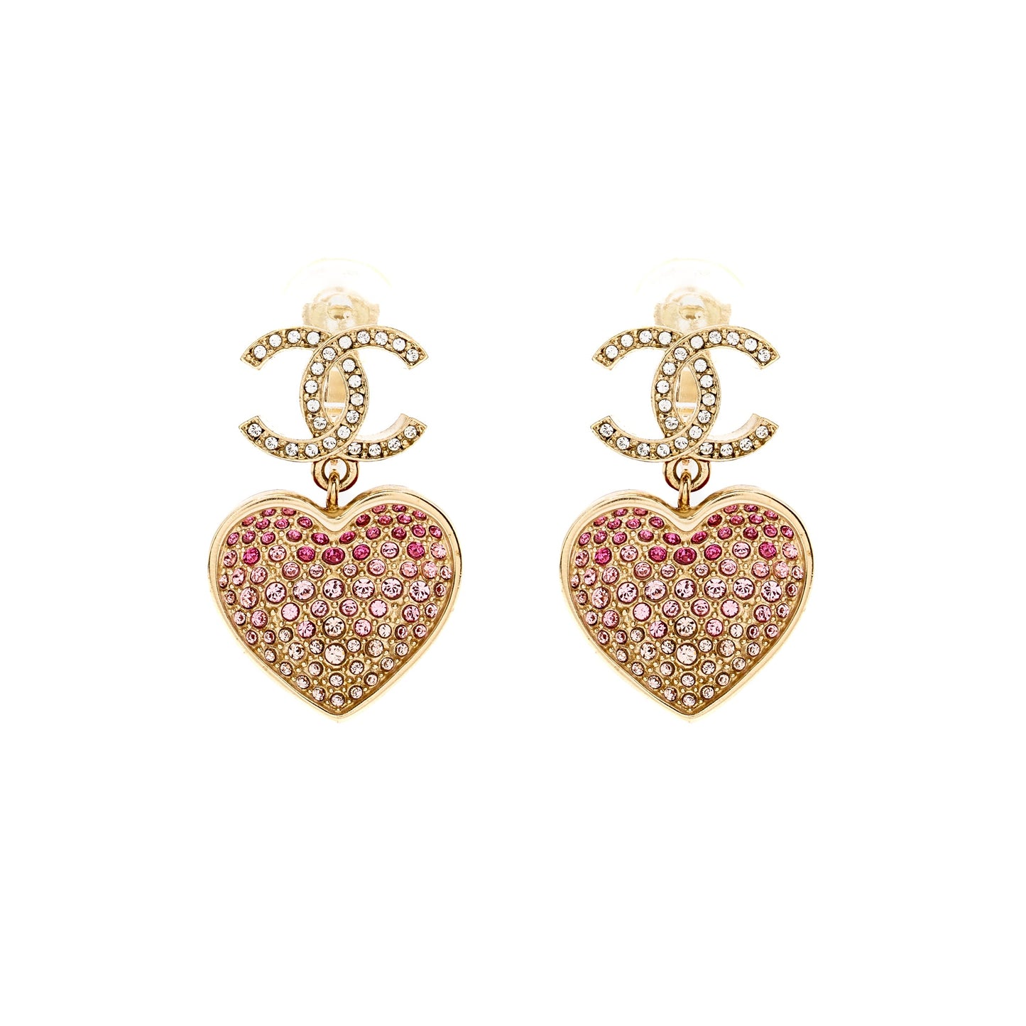 Chanel double face Pink Crystal heart dropped cc logo ear clips light gold tone