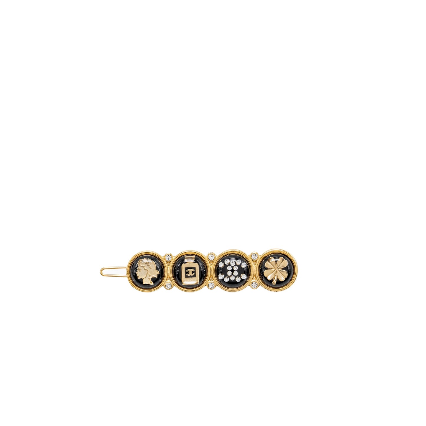 Chanel coco / perfume bottle / CC logo /clover hair clip black gold tone