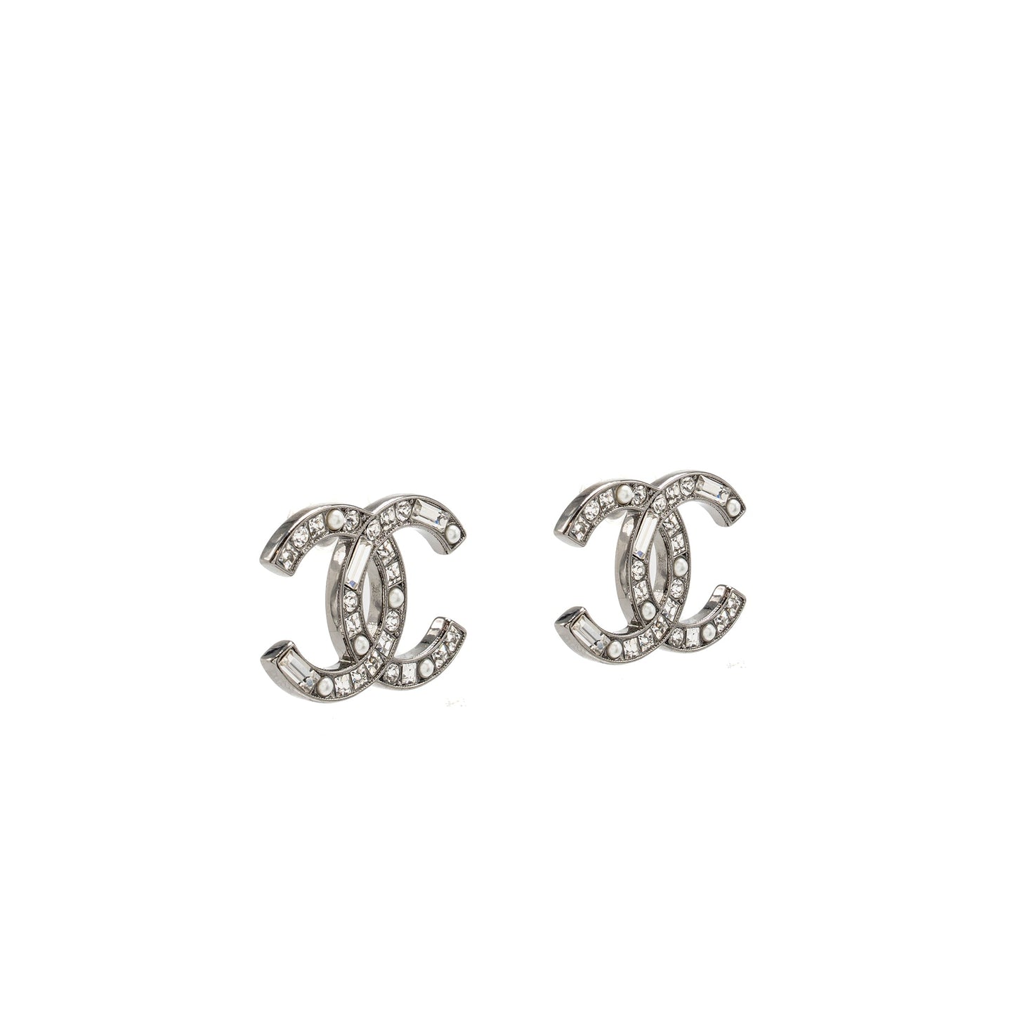 Chanel CC Earrings Crystal/Pearl Silver Tone
