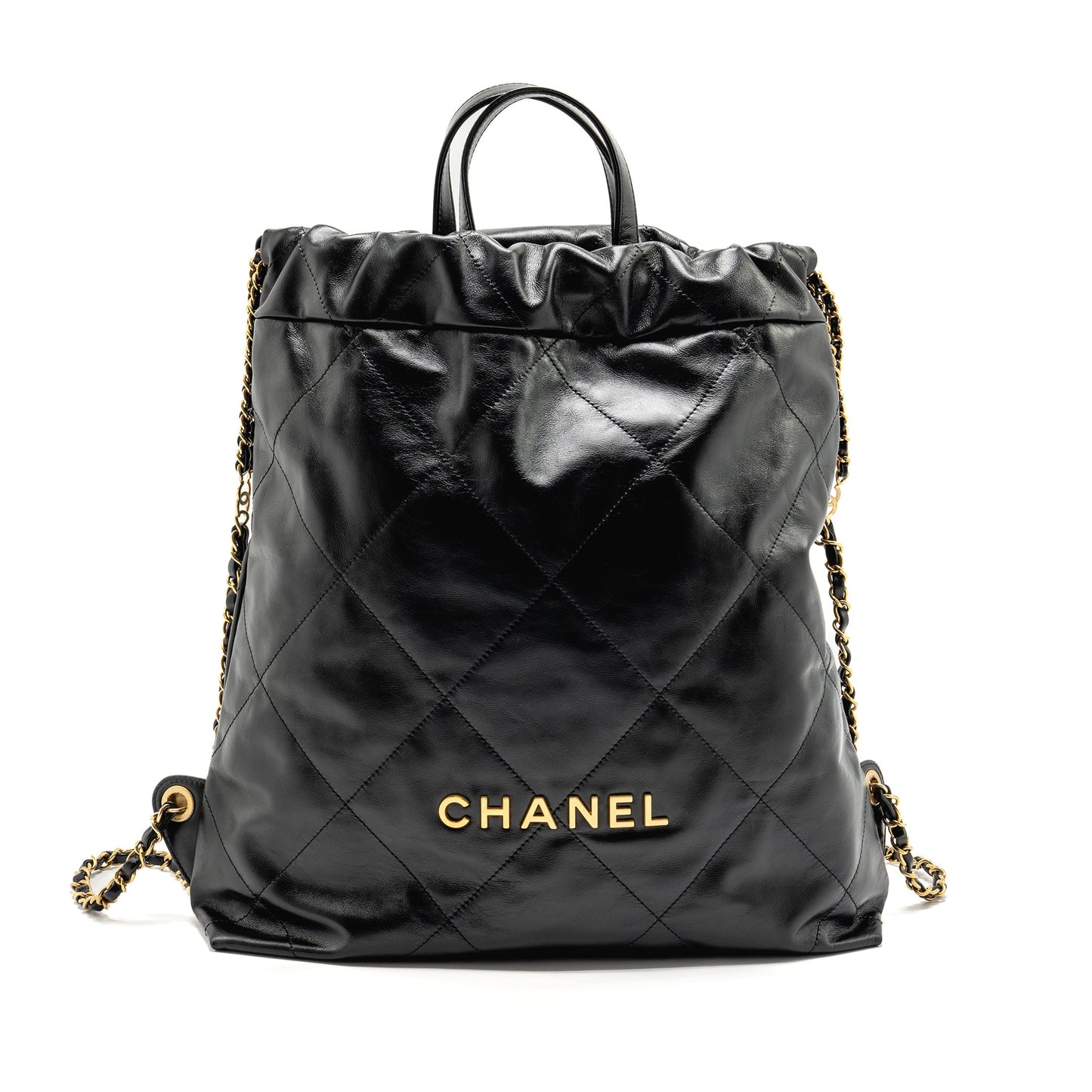 Chanel Large 22 Backpack Gold Letter Logo Shiny Calfskin Black GHW(microchip)