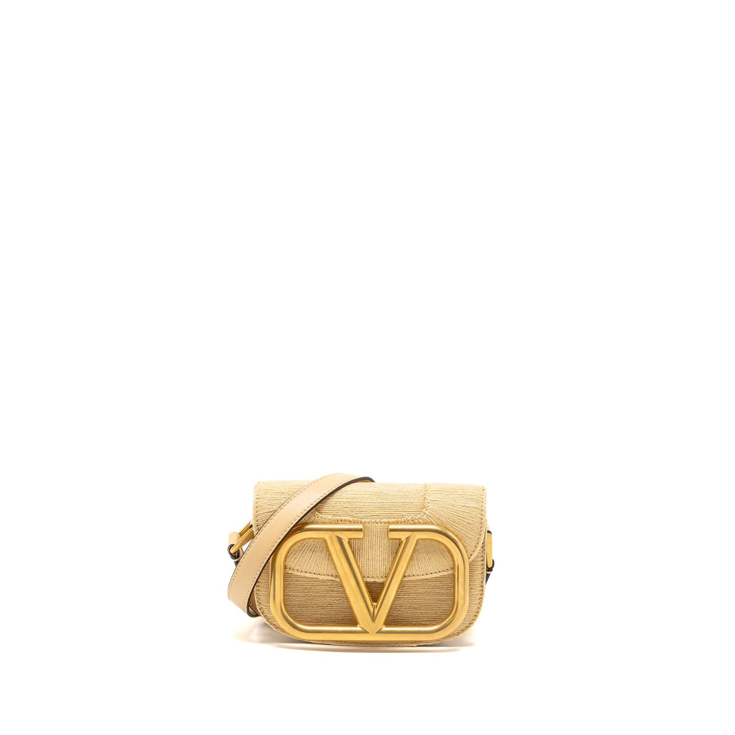 Valentino Small Supervee Crossbody Purse Leather/Raffia Beige