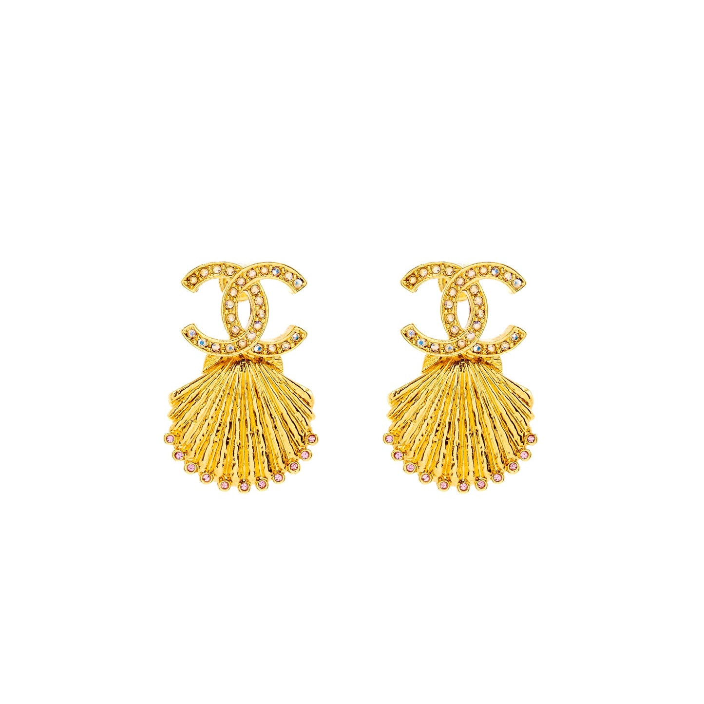 Chanel CC Shell Earrings Crystal Multicolour Gold Tone