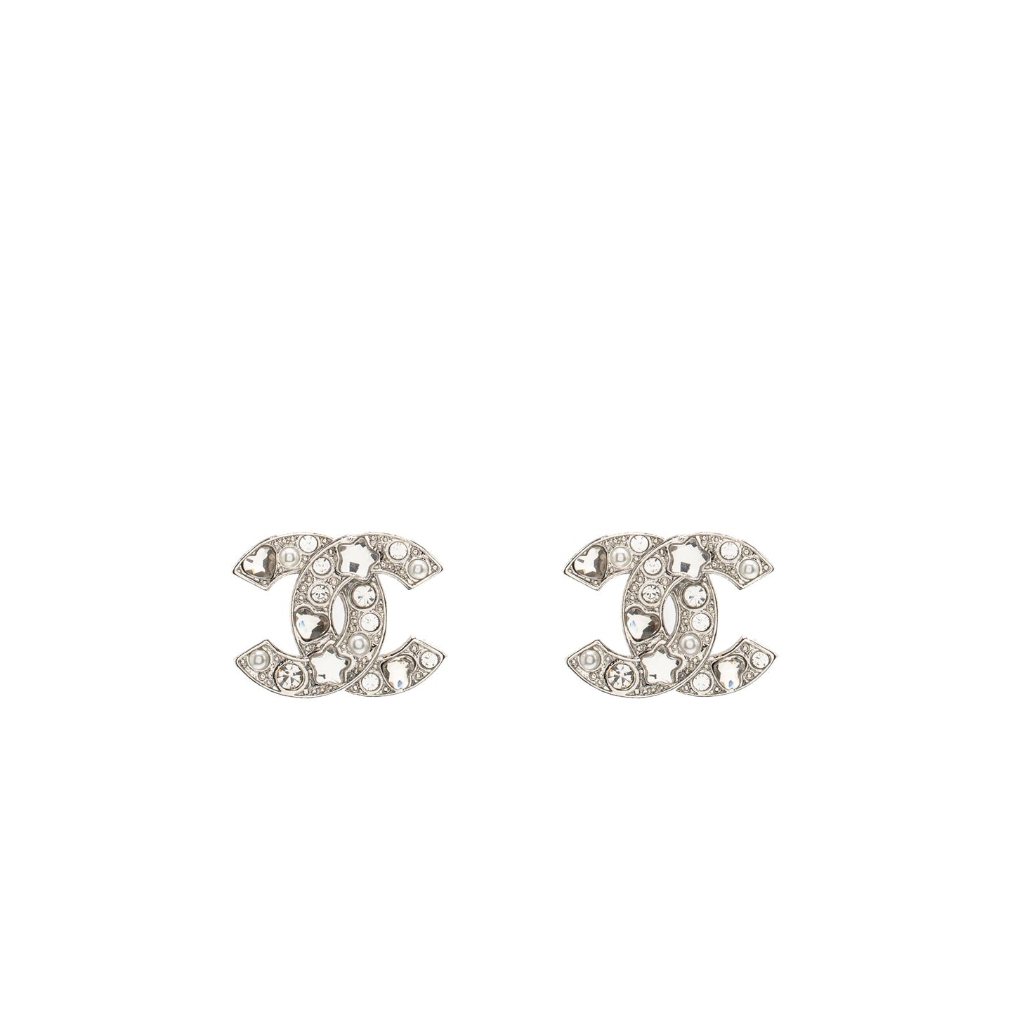 Chanel CC Logo Star Crystal/Pearl Earrings Silver Tone
