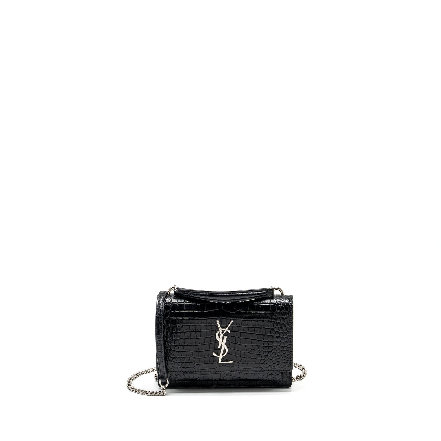 Saint Laurent/ Sunset Purse Crocodile-Embossed Calfskin Black