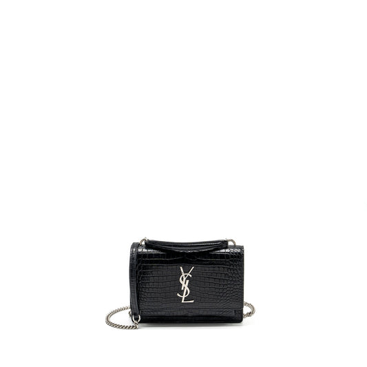 Saint Laurent/ Sunset Purse Crocodile-Embossed Calfskin Black