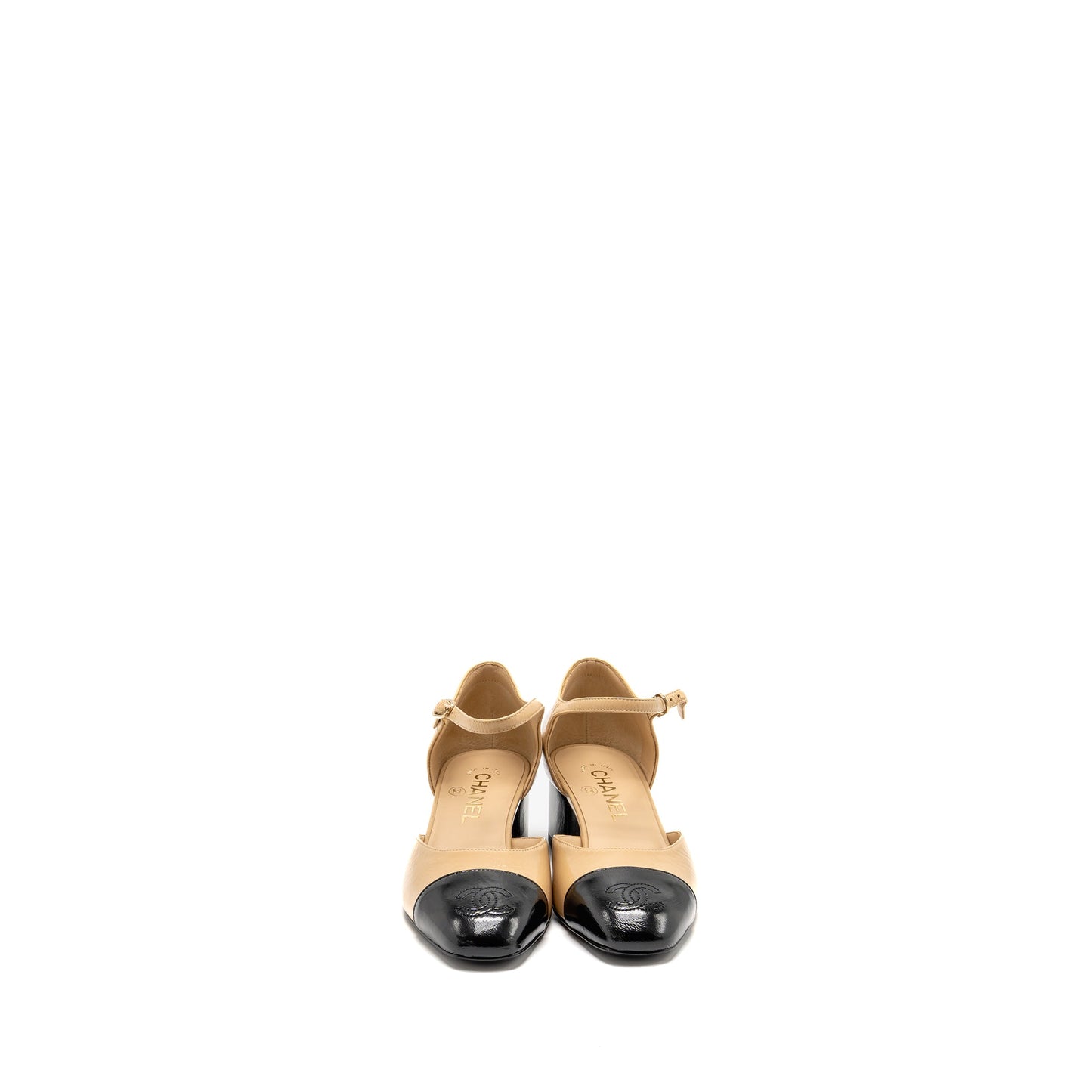 Chanel Size 36 25C Mary Janes Shiny Lambskin Beige/Black LGHW