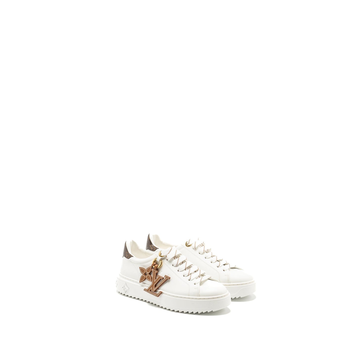 Louis Vuitton Size 37 Time Out Sneaker with Monogram and Flower Charm Calfskin White