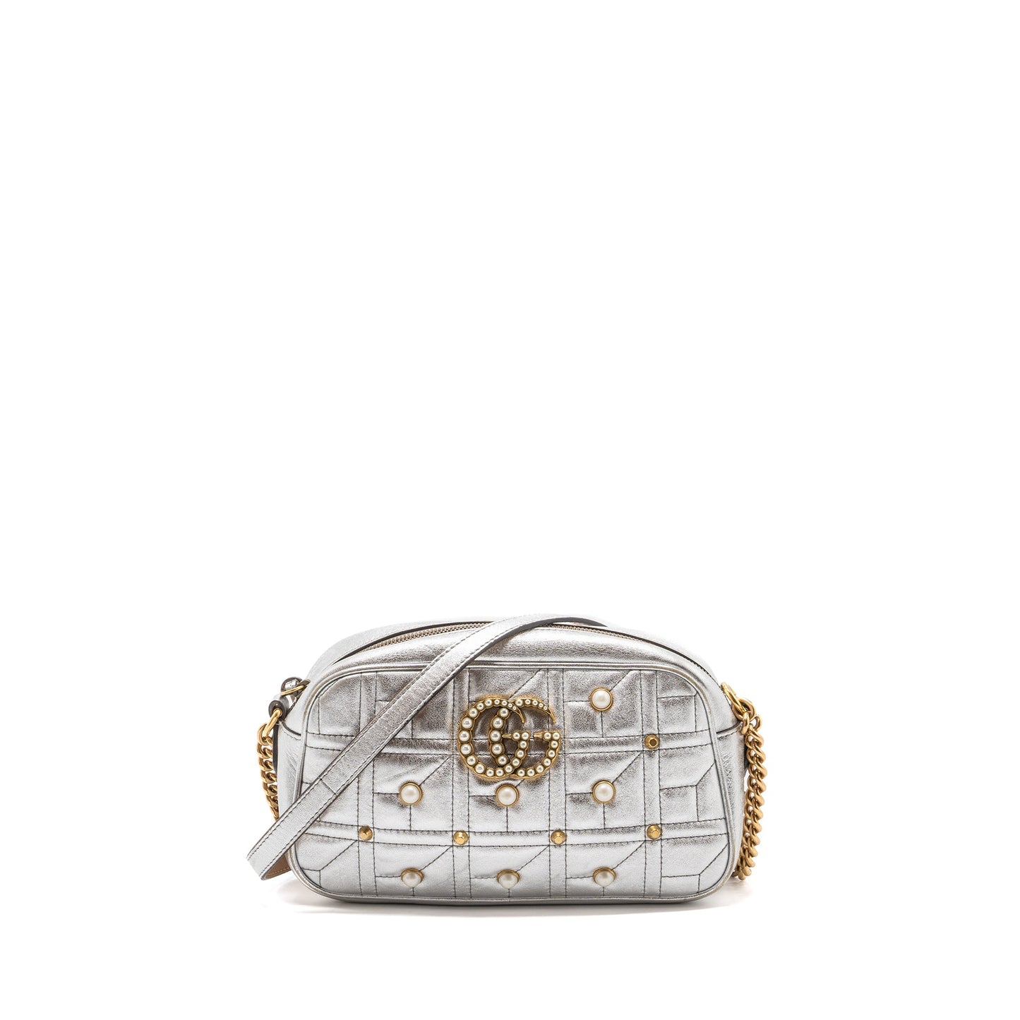 Gucci Marmont Camera Purse With Pearl Leather Silver