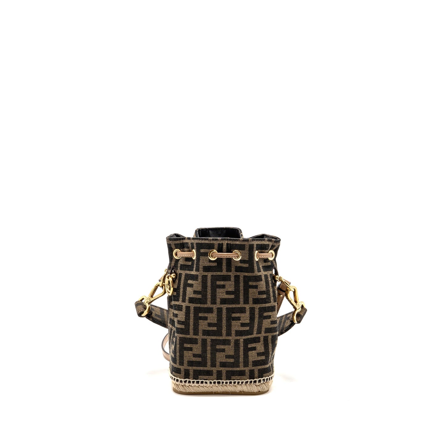 FENDI TRESOR BUCKET Purse JACQUARD Raffia/FABRIC/CALFSKIN BROWN