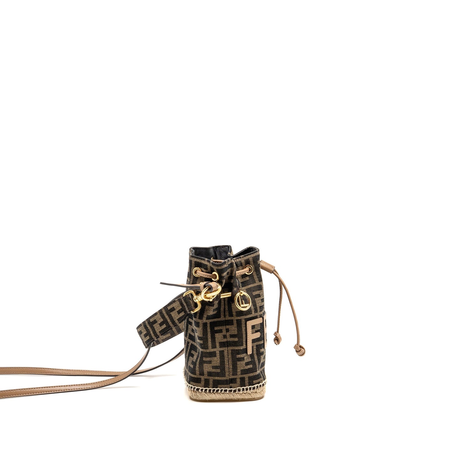 FENDI TRESOR BUCKET Purse JACQUARD Raffia/FABRIC/CALFSKIN BROWN