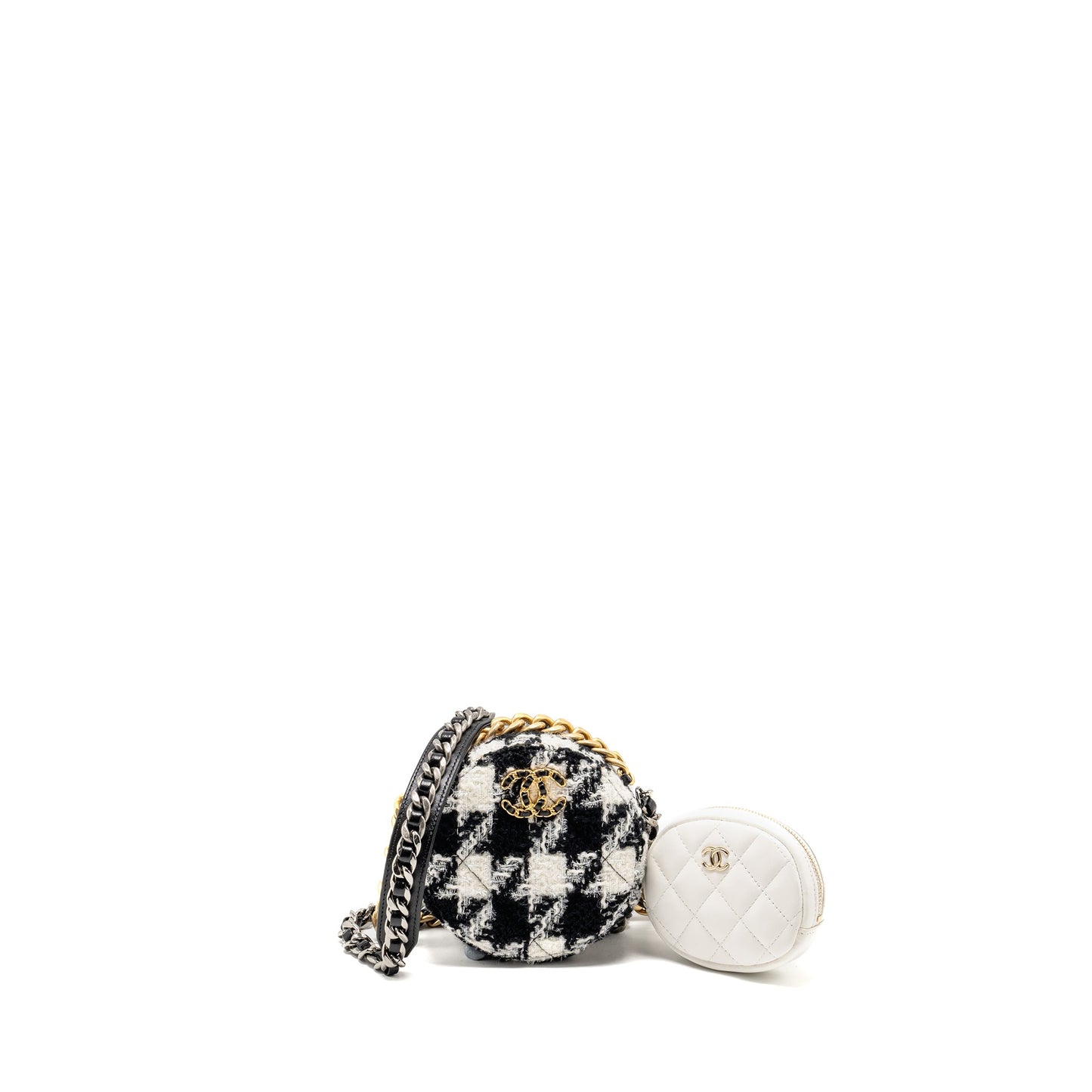 Chanel 19 round clutch  with chain with coin purse tweed / lambskin black/ white GHW