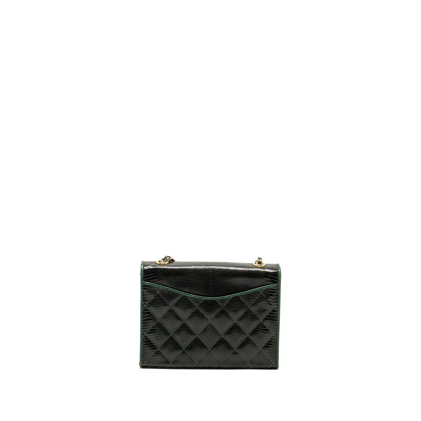 Chanel Vintage Envelop Flap Bag With Chain Lizard Dark Green GHW