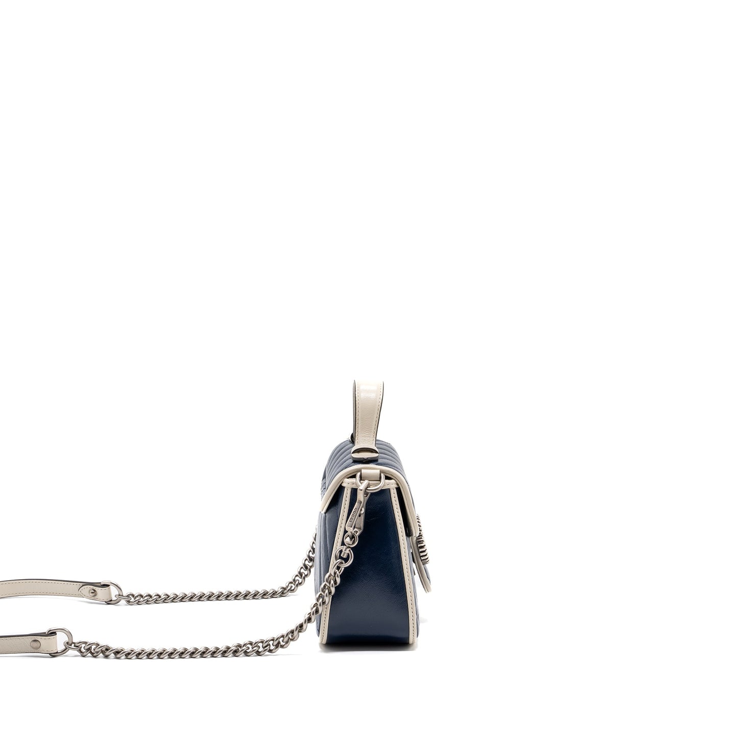 Gucci Marmont Top Handle Purse Calfskin Navy/ White