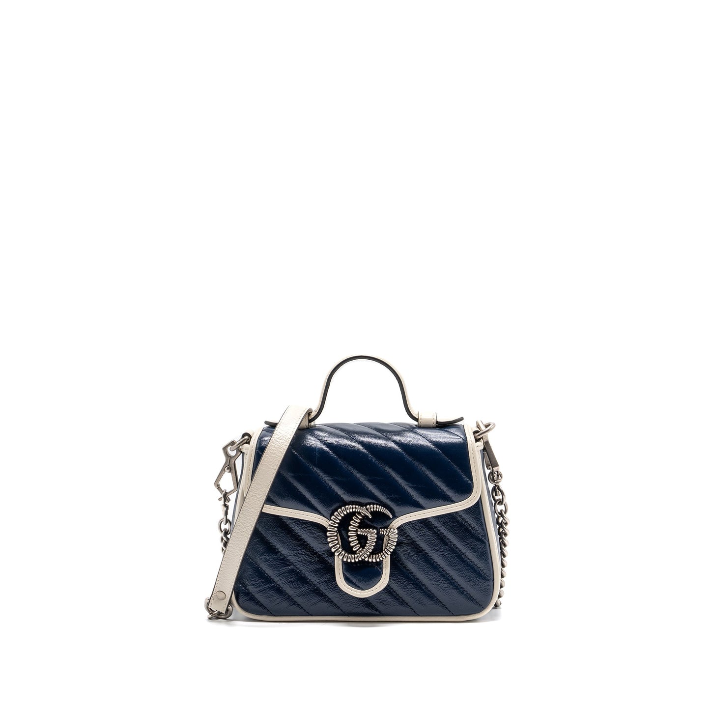 Gucci Marmont Top Handle Purse Calfskin Navy/ White