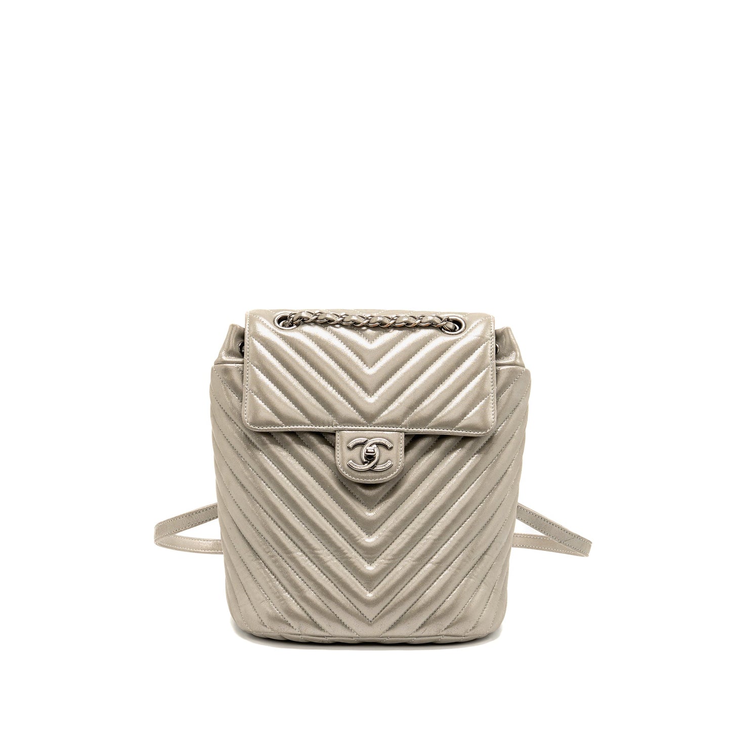 Chanel Small Urban Spirit Backpack Chevron Calfskin Iridescent Light Grey Ruthenium Hardware