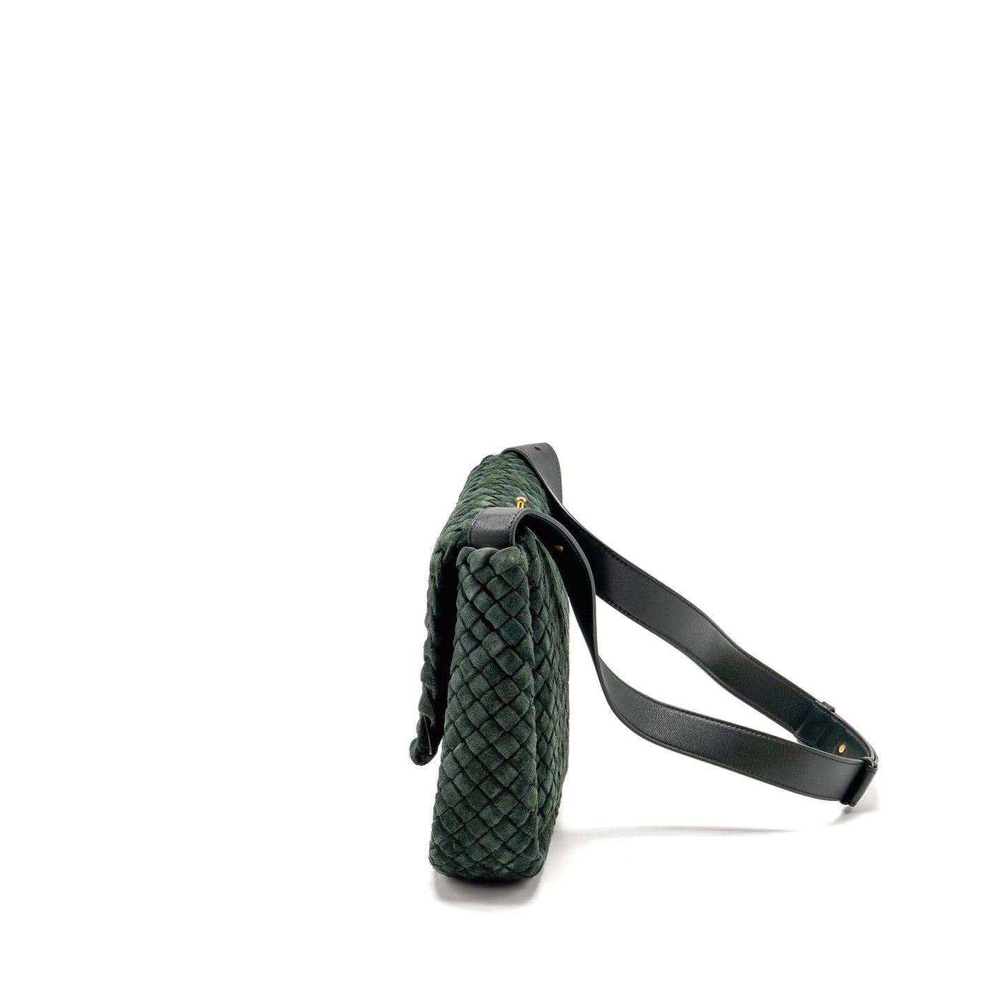 Bottega Veneta Cobble Messenger Purse Intrecciato-Woven Padded Suede Dark Green