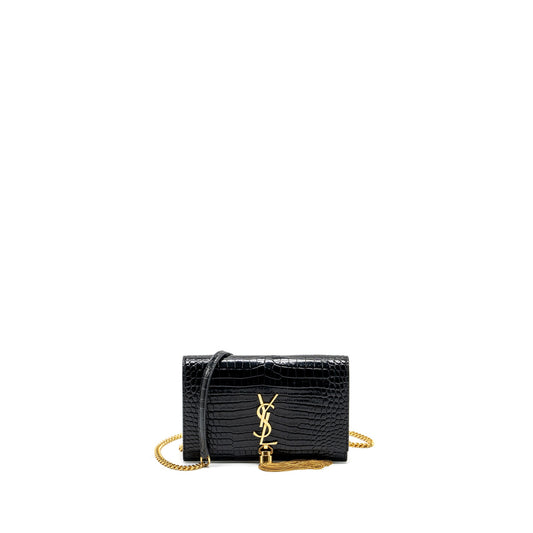 Saint Laurent/ Kate Tassel Crocodile-Embossed Calfskin Black