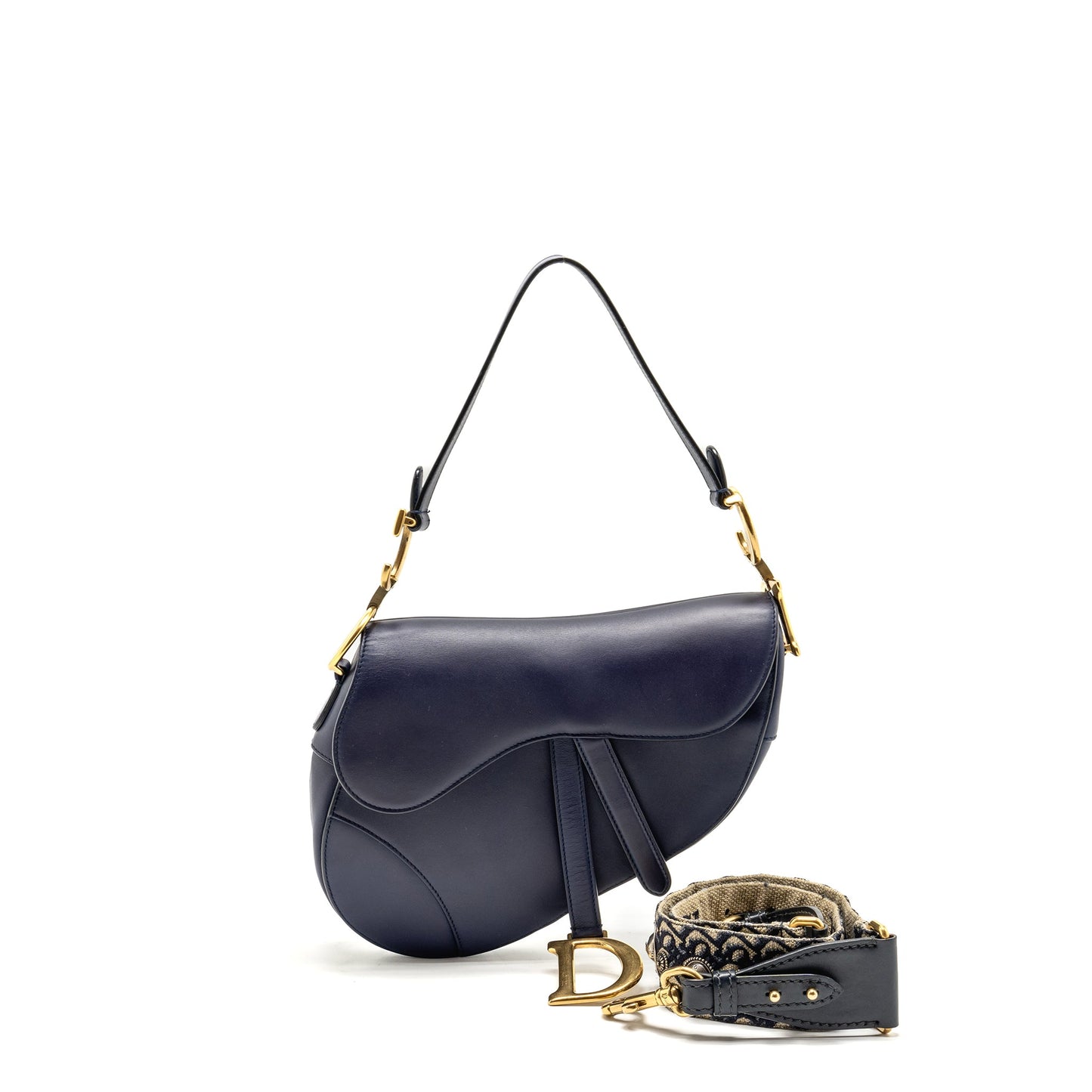 Dior Medium Saddle Purse Calfskin Navy with Black Oblique Strap