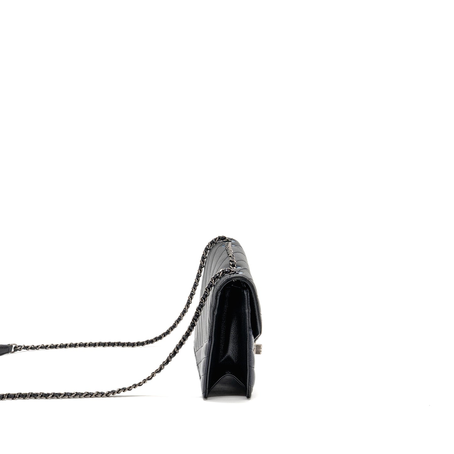 Chanel Envelop Metal Plate Flap Bag Chevron Calfskin Black/Navy Ruthenium silver Hardware