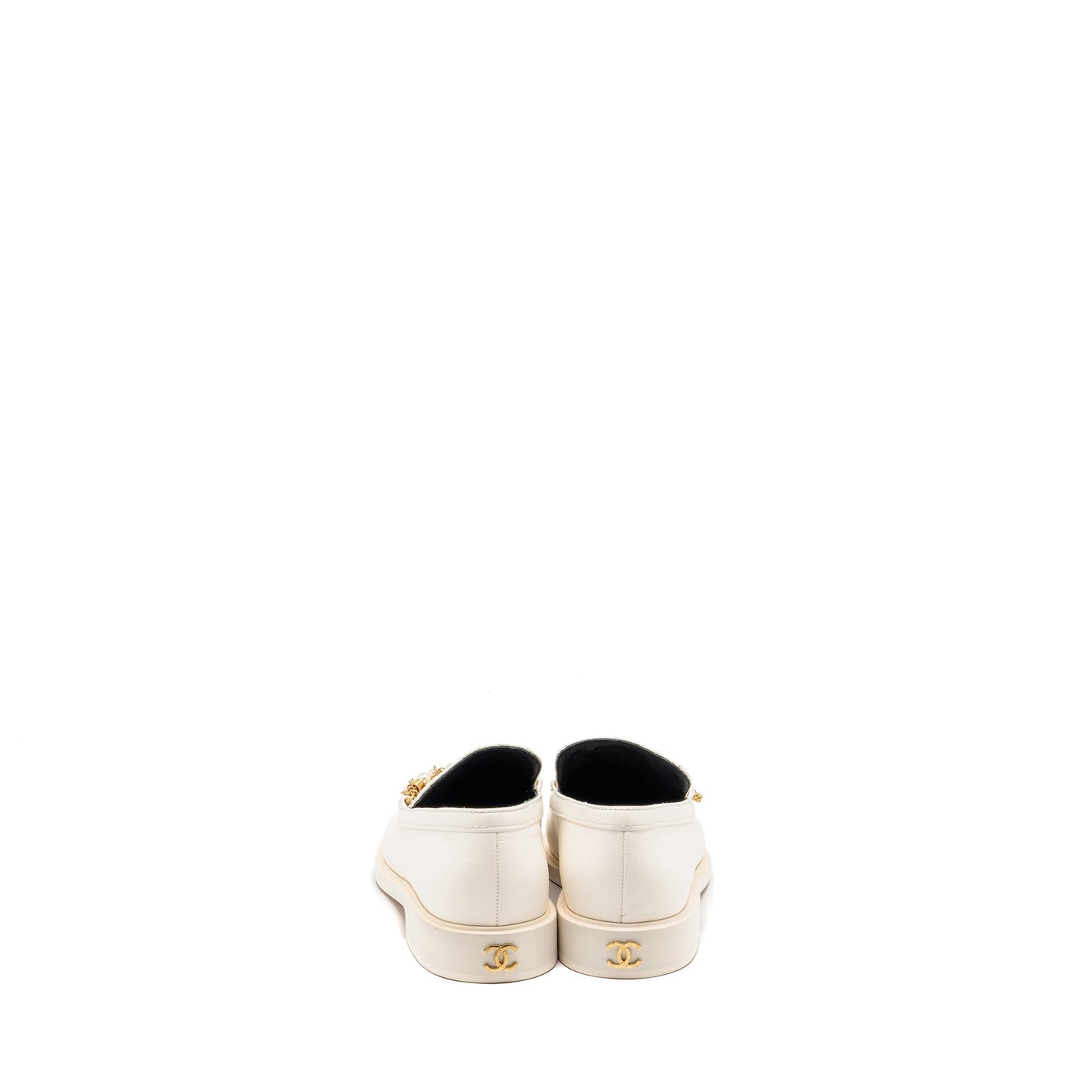 Chanel size 39 Leather chain/pearl cc logo loafer lambskin white GHW