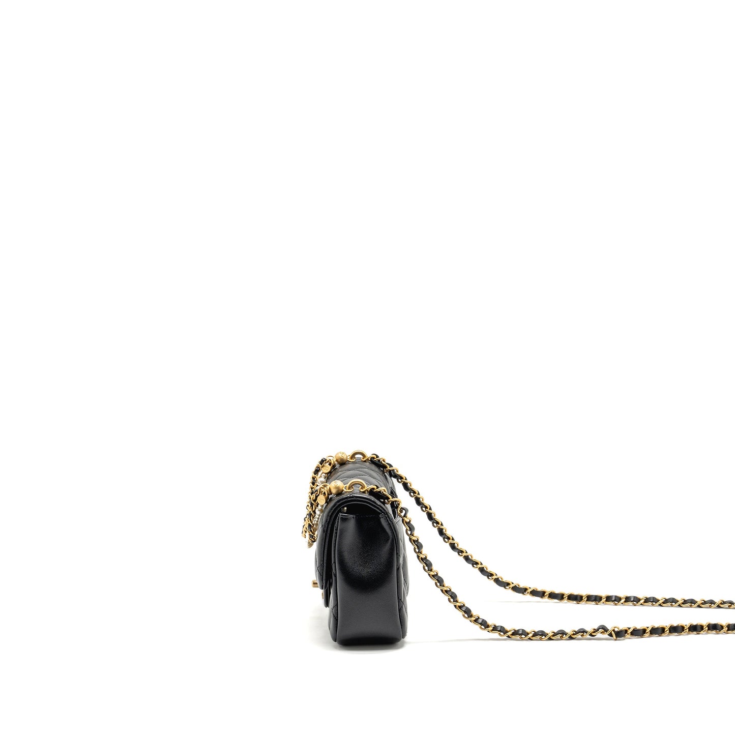 Chanel 24p pearl chain Mini Flap Bag Lambskin Black GHW (Microchip)