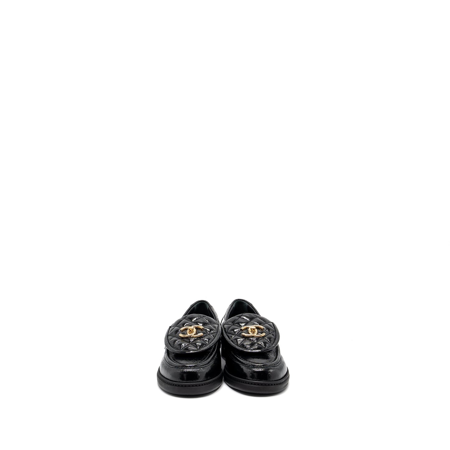 Chanel Size 38.5 Quilted CC Logo Loafer Patent Lambskin Black LGHW