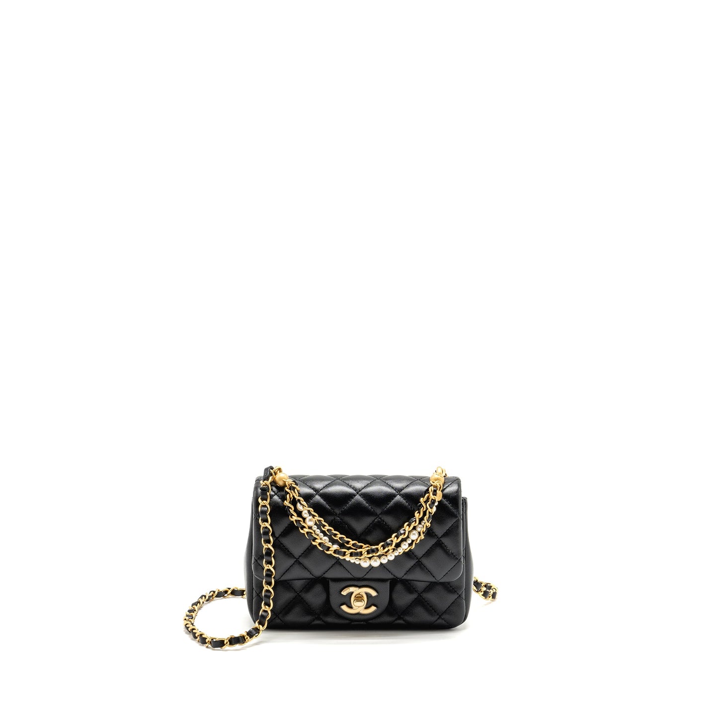 Chanel 24p pearl chain Mini Flap Bag Lambskin Black GHW (Microchip)