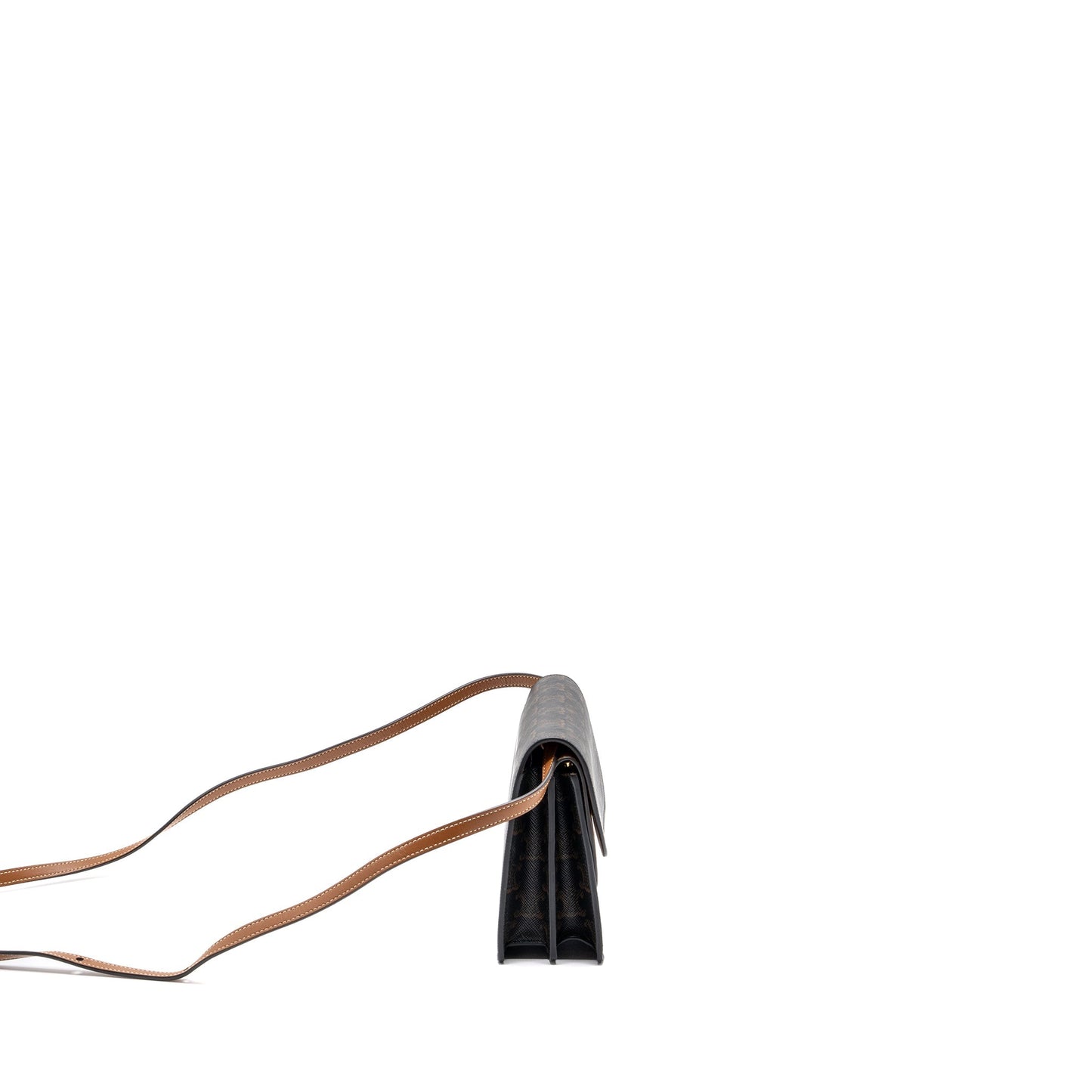 Luxury CELINE wallet on strap triomphe canvas / smooth lambskin tan with