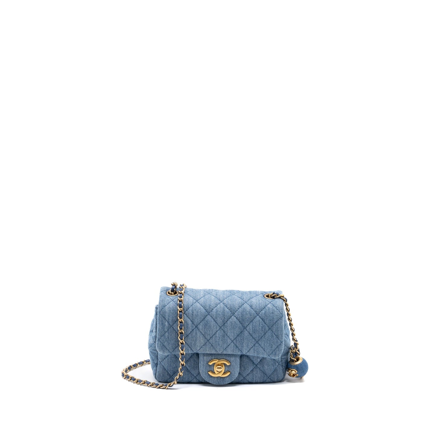 Chanel 22c Denim Pearl Crush Mini Square Flap Bag Denim Light blue GHW (Microchip)