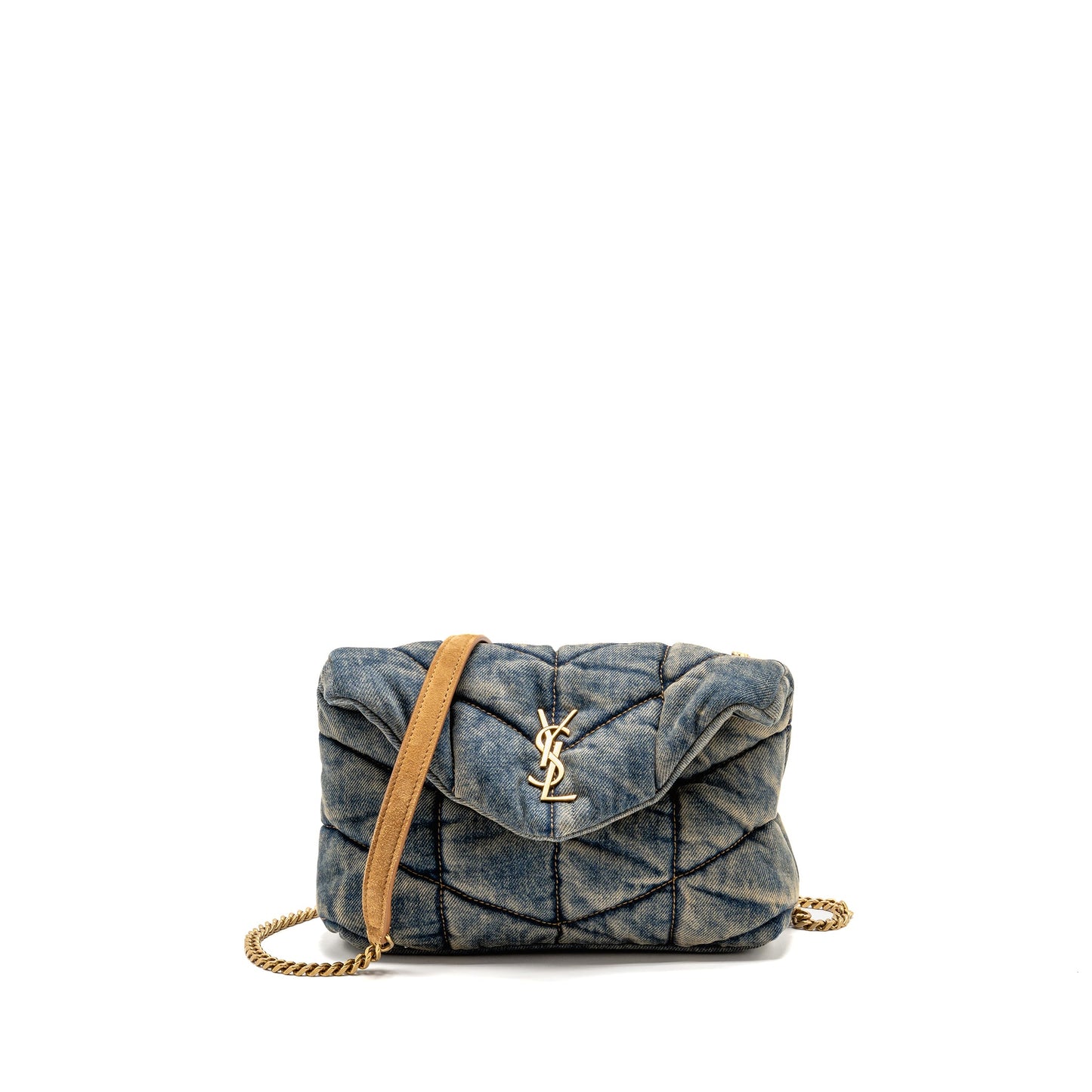 Saint Laurent/ Toy Loulou Puffer Mini Purse Denim Indigo Blue/Cinnamon