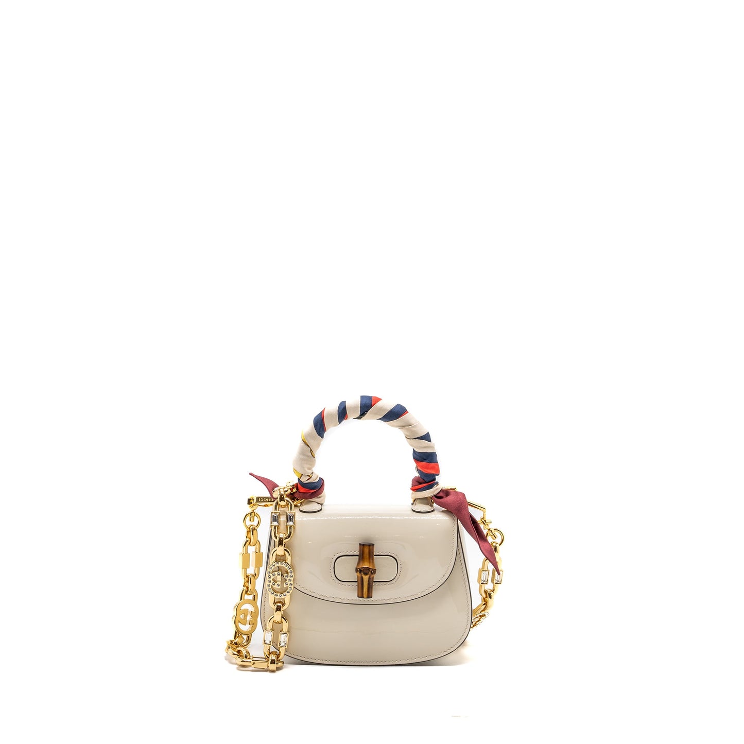 Gucci Bamboo 1947 Mini Top Handle Purse Patent Leather White