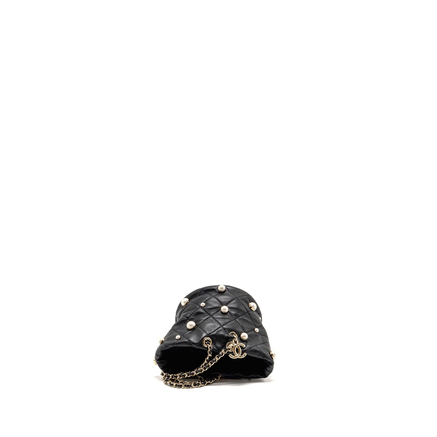Chanel About Pearls Quilted Drawstring Bucket Bag Lambskin Black LGHW