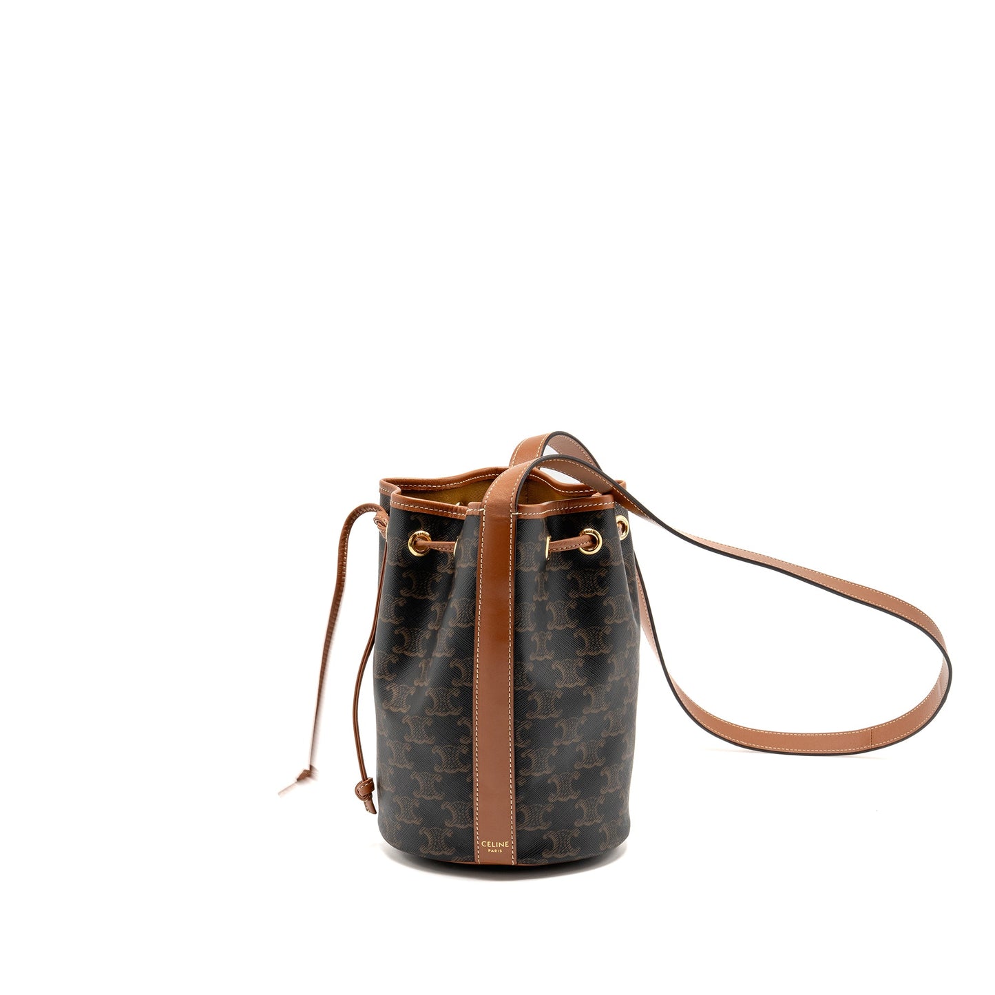 Celine Small Drawstring Purse Triomphe Canvas / Calfskin Tan