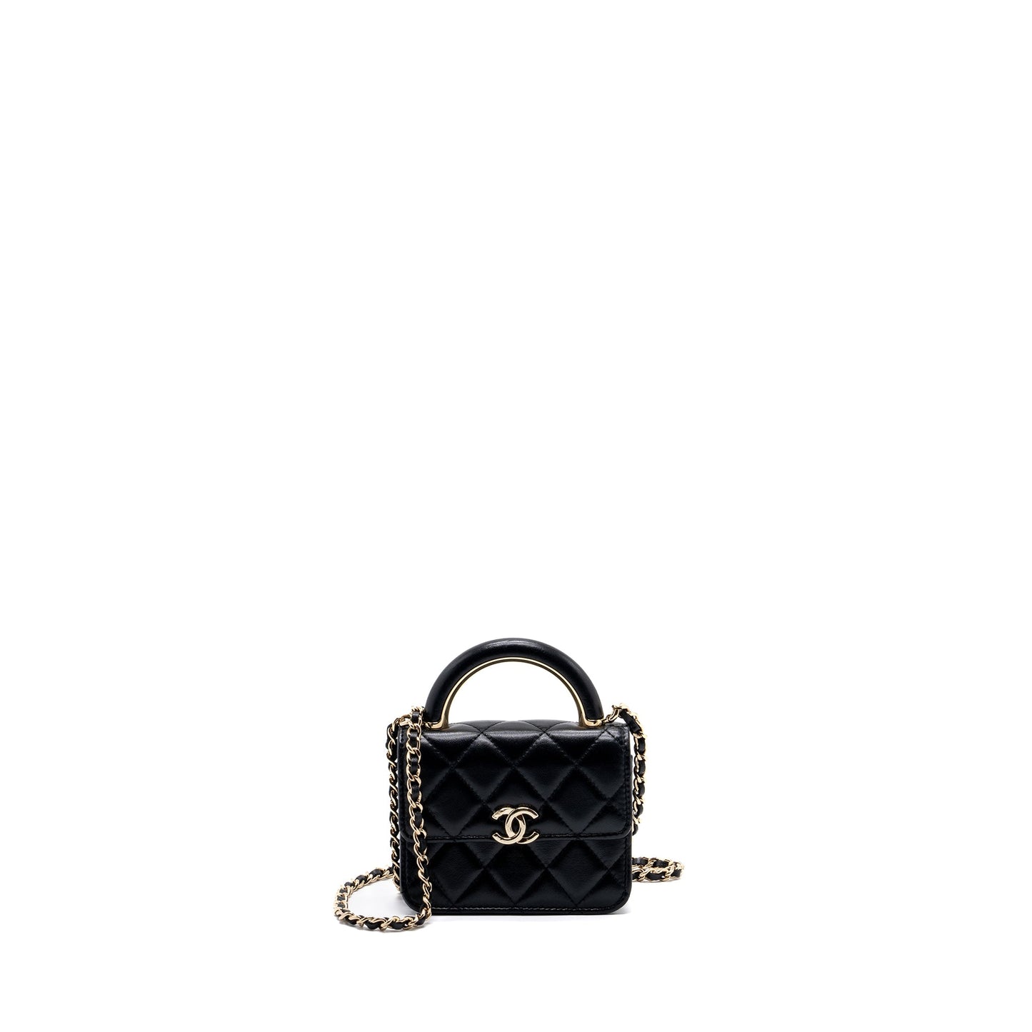 chanel top handle mini flap bag with chain lambskin black LGHW (microchip)