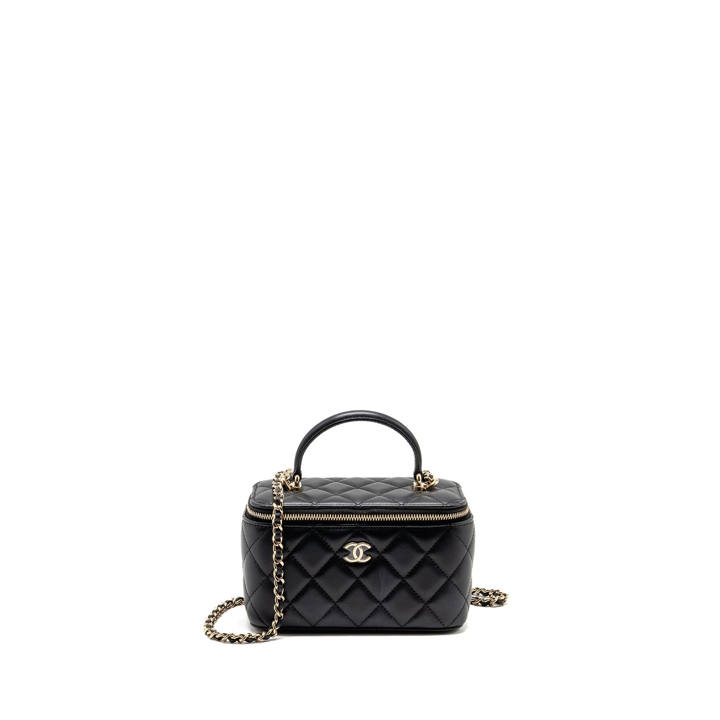 Chanel Top Handle Long Vanity Case with Chain Lambskin Black LGHW (microchip)