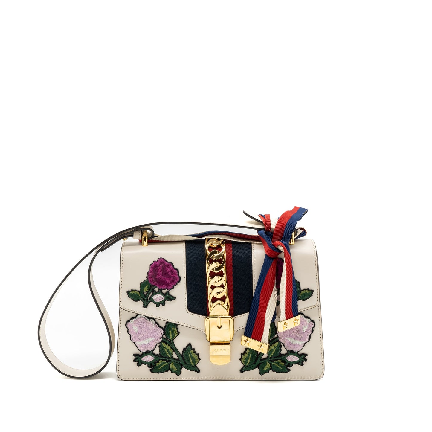 Gucci Sylvie Embroidered Mini Purse Calfskin White