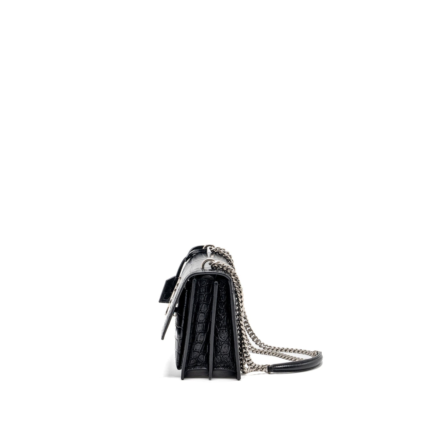 Saint Laurent/ Sunset Purse Crocodile-Embossed Black