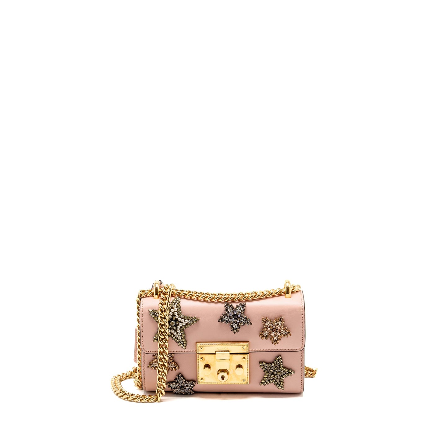 Gucci Padlock Chain Purse Crystal Stars Calfskin Pink