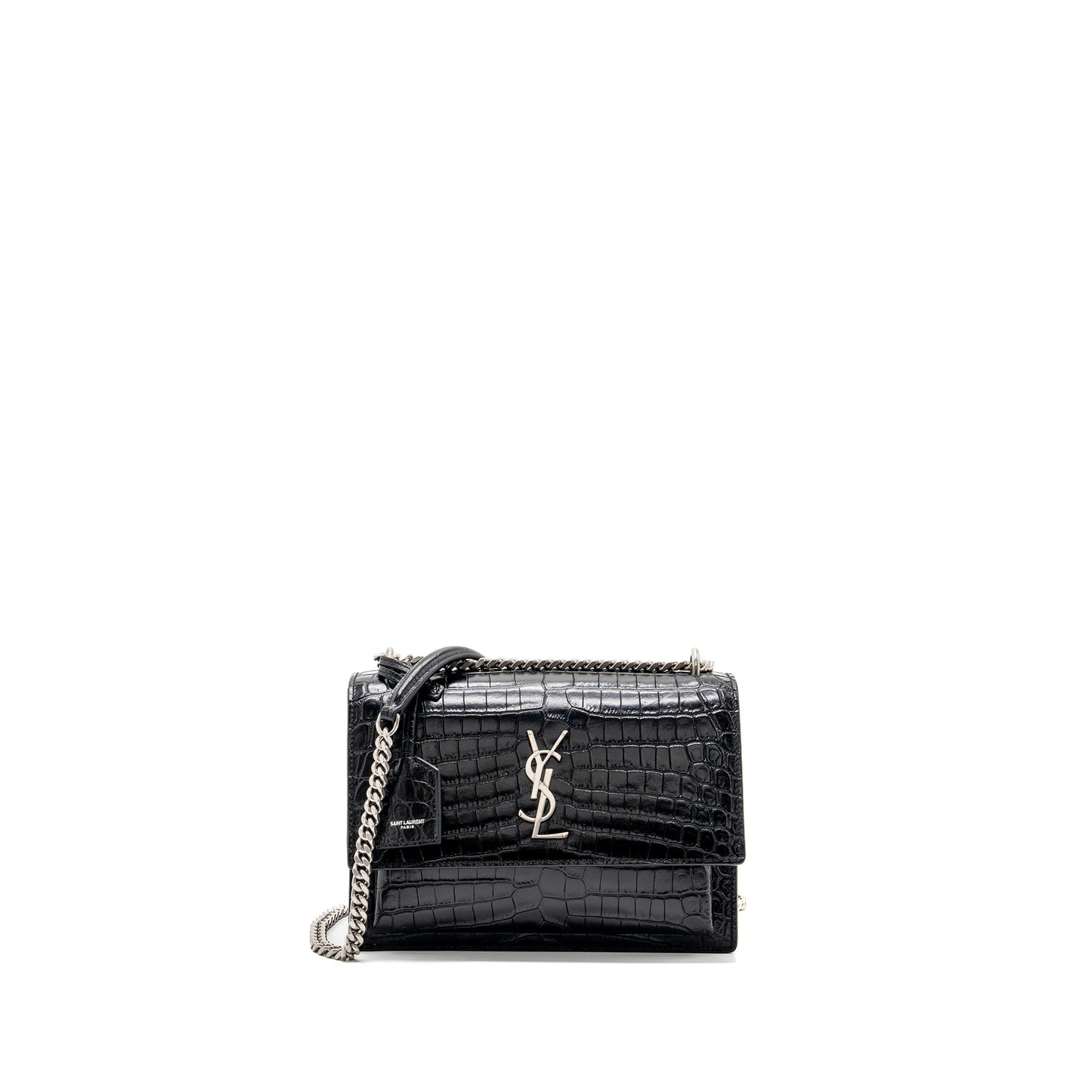 Saint Laurent/ Sunset Purse Crocodile-Embossed Black