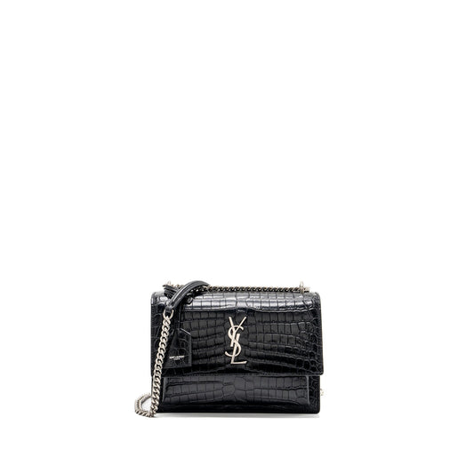 Saint Laurent/ Sunset Purse Crocodile-Embossed Black