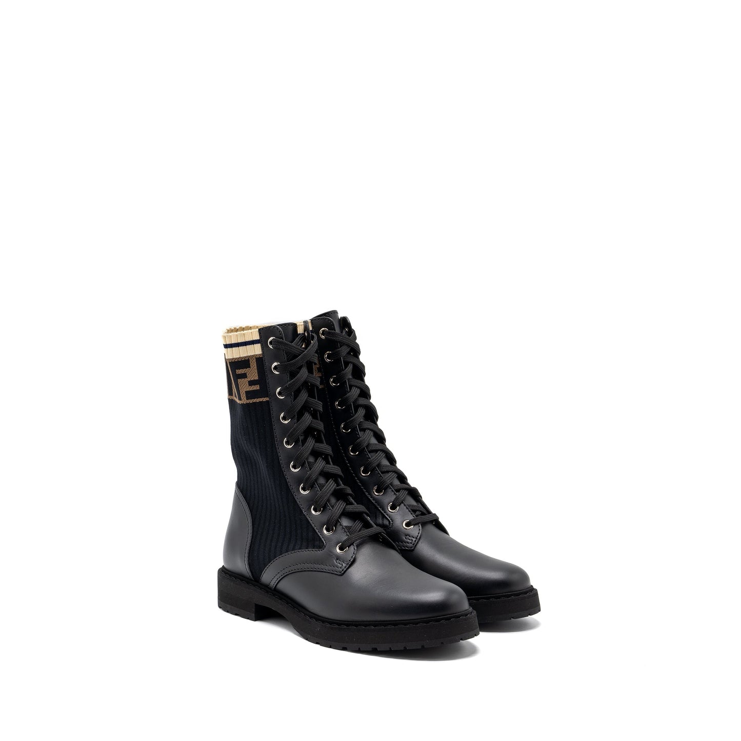Fendi Size 39 Biker Boots Leather/ Cotton Black Multicolour