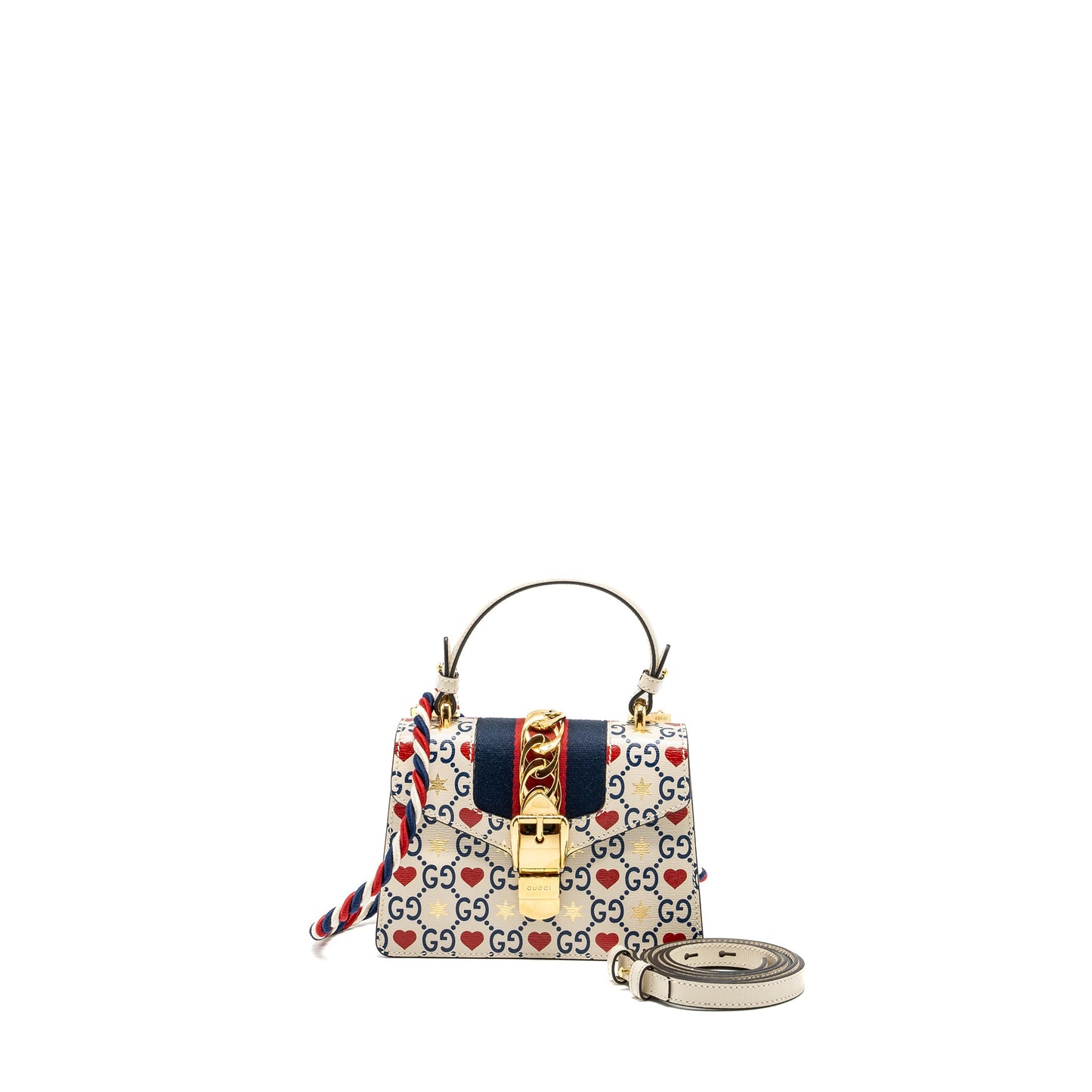 Gucci Mini top handle Sylvie tote Purse with heart print limited white multicolor