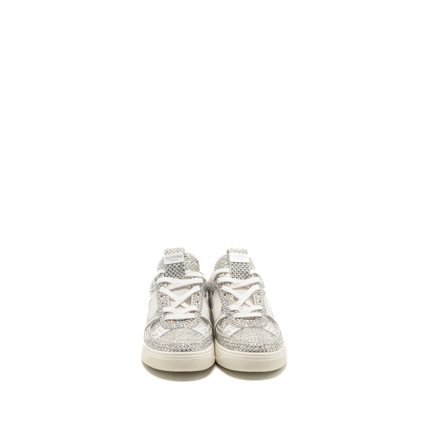 Valentino Size 37.5 Crystal-embellished Sneaker Calfskin White/Silver