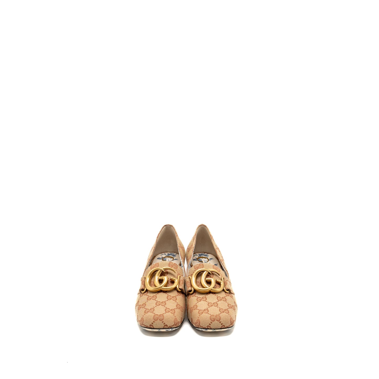 Gucci Size 37 Victoire Marmont Block Heel Pumps Canvas Beige