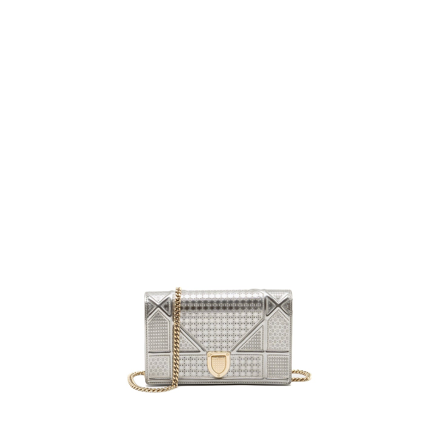 Dior Diorama Wallet on Chain Metallic Patent Silver